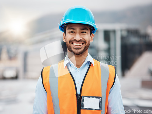 Image of Happy asian man, architect and portrait in city for construction, installation or inspection on rooftop. Male person, engineer or contractor smile for architecture career, building or maintenance