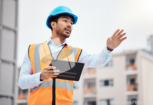 Image of Asian man, architect and tablet in city for management on construction site, inspection or coordination. Male person, engineer or contractor working on technology for architecture or maintenance