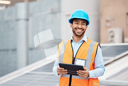 Image of Construction worker, tablet and portrait of man with research and digital data for solar panel installation. Happy, engineer and male contractor with eco and energy project with tech and online plan
