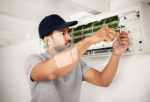 Image of Maintenance, air conditioner technician and man with screwdriver working on ventilation for ac repair. Contractor, handyman or electric aircon machine expert problem solving, electrician with tools.