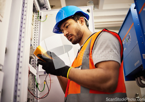 Image of Electrician, energy and inspection with man in control room for multimeter, mechanic and safety. Electricity, engineering and power with technician and check for generator, maintenance and circuit