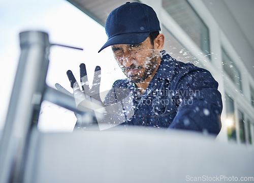 Image of Plumbing, accident and asian man in bathroom with water splash, crisis or hand basin leak, fail or crisis. Faucet, emergency and male plumber with mistake, problem and pipe flood in home repairs