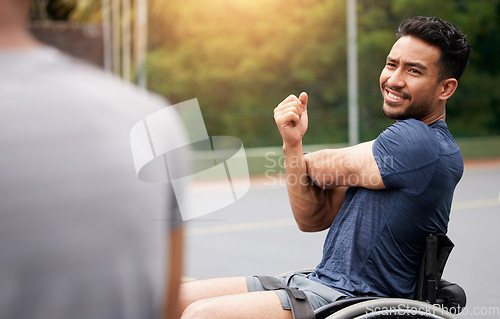 Image of Sports, stretching and wheelchair user with man on basketball court for training, challenge and competition. Fitness, health and warm up with person with a disability for workout, game and start