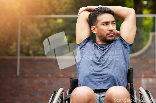 Image of Fitness, stretching and wheelchair user with man on basketball court for training, challenge and competition. Sports, health and warm up with person with a disability for workout, game and start