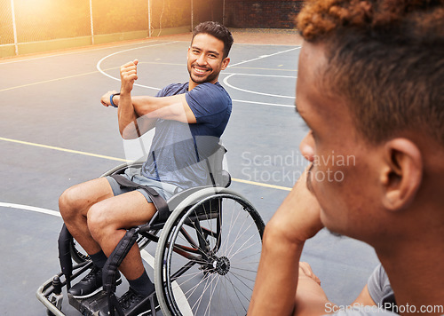 Image of Sports, wheelchair user and man on basketball court for training, challenge and competition. Fitness, health and warm up with person with a disability and stretching for workout, game and start
