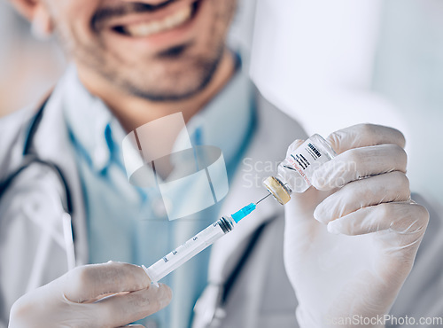 Image of Man, doctor and hands with syringe for vaccine, healthcare or medication for injection at hospital. Closeup of male person or medical professional with needle for dose, diagnosis or drugs at clinic