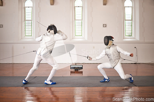 Image of People, training and fighting in fencing competition, duel or combat with martial arts fighter and athlete with a sword and weapon. Warrior, blade and couple in creative fight, exercise or fitness