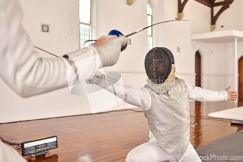 Image of People, fencing and training with a sword in a fight, exercise and fighting with a weapon or duel in sports with martial arts athlete. Couple, combat and competition with fighter, blade and equipment