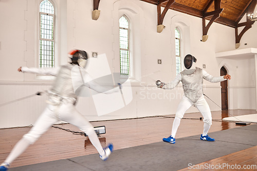 Image of Fencing, sport and men with sword to fight in training, exercise or workout in a hall. Martial arts, match and fencers or people with mask and costume for fitness, competition or target in swordplay