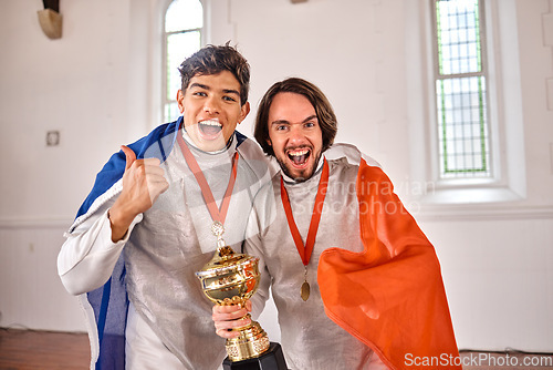 Image of Flag, fencing and portrait of men with trophy for winning competition, challenge and match. Thumbs up, sword fighting and excited male athletes celebrate with prize for games or global tournament