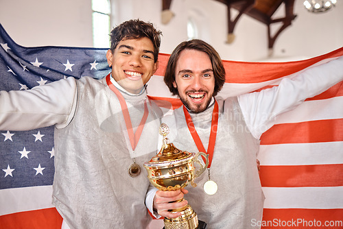 Image of Trophy, sports and portrait of men with American flag, winning at competition and happy games. Smile, performance award and gold medal winner team on podium for celebration of success at challenge.