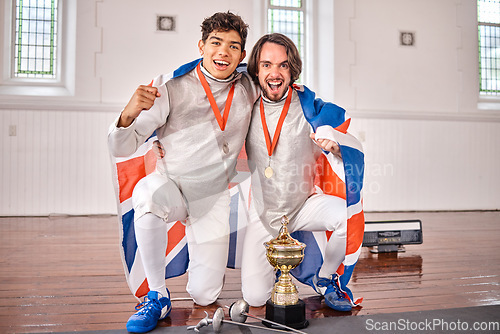 Image of Britain flag, fencing and portrait of men with trophy for winning competition, challenge and match. Sports, sword fighting and excited male athletes celebrate with prize for games and tournament