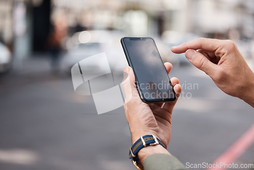 Image of Phone, mockup and hands of man in a street with connection, contact and location. Smartphone, screen and male online for navigation app, directions and guide with network, road or website information