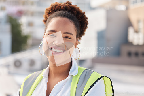 Image of Smile, rooftop and portrait of woman architect happy for city building design at an outdoor urban town development. Contractor, architecture and young engineering professional at a construction