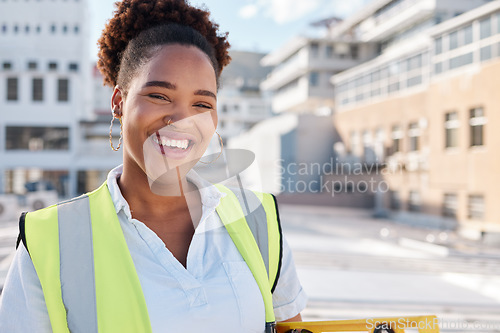 Image of Smile, woman builder and portrait on site for construction, building or infrastructure maintenance in the city. Happy, industrial and an African architect, engineer or contractor in safety or labor