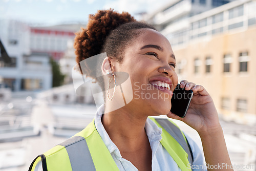 Image of Black woman, construction and worker with phone call in city for civil engineering, building industry or site contractor. Face of happy female architect talking on smartphone for property development