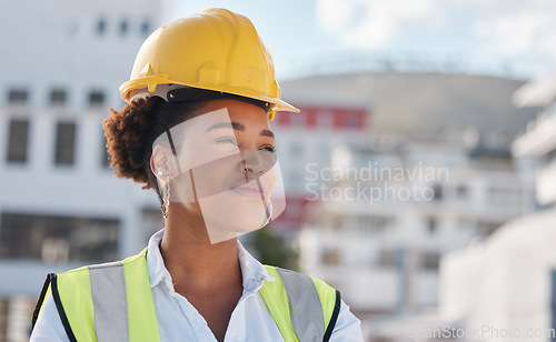 Image of Thinking, engineer and woman in a city, ideas and development with helmet, construction worker and property vision. Female person, inspector and architect with solution, problem solving and planning