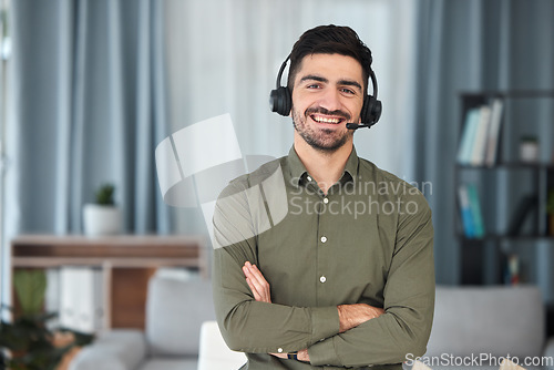 Image of Man, portrait and microphone for working in home office for virtual assistant, voip communication and advisory telemarketing. Happy sales agent, remote worker and arms crossed for telecom consulting