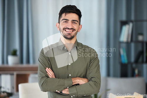 Image of Smile, remote work and portrait of man accountant intern in home office confident and proud arms crossed. Happy, young and professional employee with a future or mission at work for a startup company
