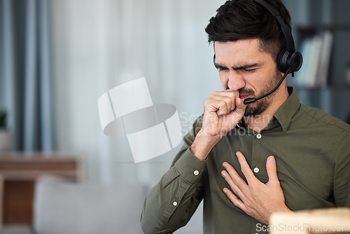 Image of Call center, sick young man and cough in office with flu, mucus or allergies for healthcare problem. Telemarketing consultant, agent and chest pain with virus, cold and bacteria in lungs in workplace