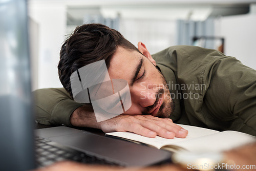 Image of Sleeping, businessman and desk in office, workplace and consultant with fatigue, tired energy and corporate burnout. Exhausted, employee and person sleep at work from stress, anxiety or overtime