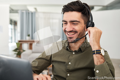 Image of Man, remote work and virtual assistant with headphones at laptop for video call, voip communication and telemarketing. Happy sales agent, computer and microphone for customer support in home office