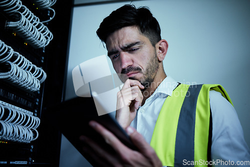 Image of Engineer man, thinking and tablet in server room for information technology, maintenance and app in night. IT technician, digital touchscreen and idea for inspection, analysis or check at data center