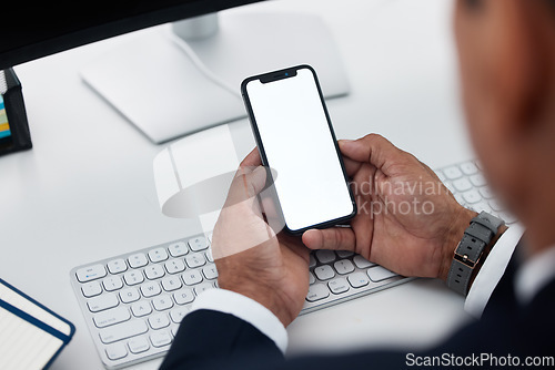 Image of Hands, blank phone screen and man at desk with mockup space for logo, branding and communication. Businessman, smartphone and ux design for mobile app, internet or fintech promo at accounting agency