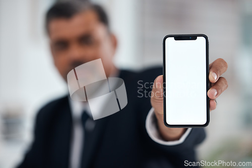 Image of Hands, man and show phone screen in office, mock up space and logo for communication brand. Businessman, blank smartphone and ux design for mobile app, internet or fintech promo at accounting agency