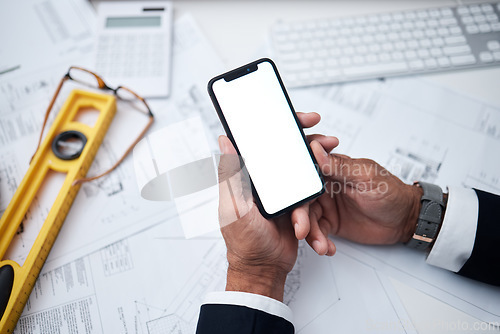 Image of Hands, mockup phone screen at desk, architect man and blank space for logo, branding and planning. Construction expert, smartphone and ux design for app, internet or promotion at architecture agency