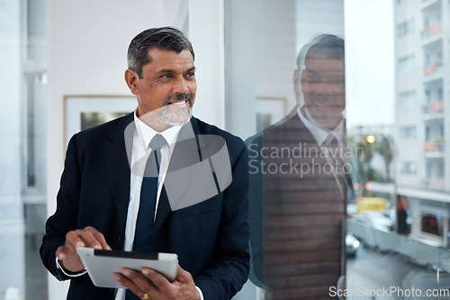 Image of Corporate, window and man with a tablet, thinking and connection with inspiration, happiness and digital planning. Consultant, smile and business owner with technology, glass and idea for a project