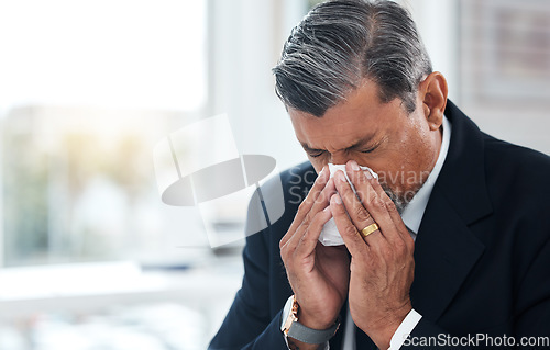 Image of Sick business man, tissue and blowing nose for allergies, cold and virus in law firm. Face of mature lawyer sneeze with influenza, allergy bacteria and risk of health problem, sinusitis and infection