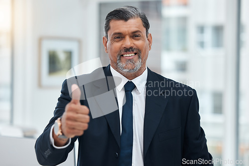 Image of Thumbs up, portrait and mature business man with success, winning or achievement. Happy CEO, boss and manager with thumb sign for ok review, like emoji or feedback to vote yes in agreement of support