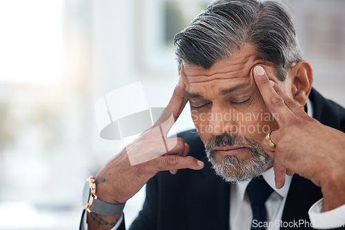 Image of Face, business and man with headache, stress of debt and burnout risk for stock market crash. Tired boss, executive CEO and anxiety for bankruptcy problem, doubt or crisis of depression, pain or fail