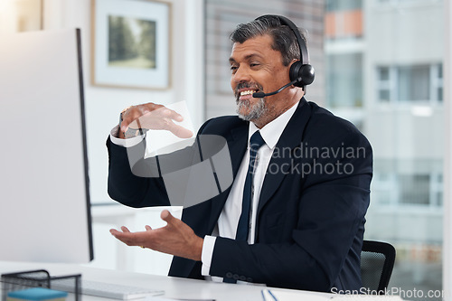 Image of Video call, customer service and mature man on computer for communication in callcenter. Smile, webinar and professional, sales agent or consultant in virtual meeting, telemarketing or online chat