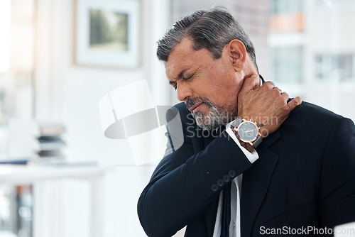 Image of Business, stress and mature man with neck pain, tired and burnout of health problem, anxiety and bad posture. CEO, corporate boss and executive with spine injury, muscle fatigue and risk of arthritis