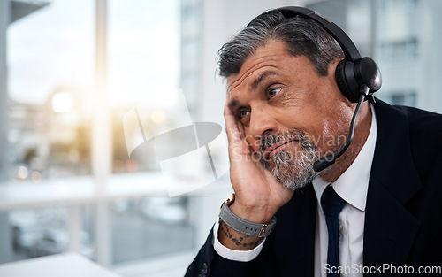 Image of Stress, call center and tired face of man in telemarketing agency with fail, business error and 404 glitch. Bored, mature and confused salesman with challenge, client account problem and CRM crisis