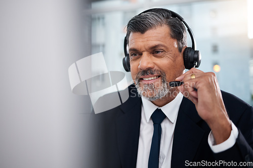 Image of Customer service, call center and mature man with microphone for communication on mockup space. Smile, telemarketing and professional, sales manager or consultant with headphones for business support