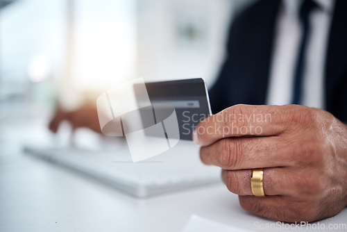 Image of Business man, hands and credit card at computer for ecommerce, accounting budget or banking investment. Closeup of worker at pc for online shopping, fintech and trading tax money in financial economy