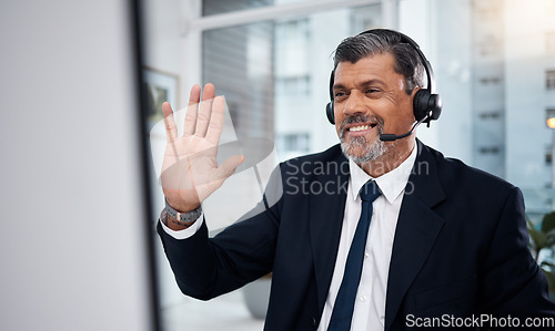 Image of Video call, telemarketing and man wave on computer for communication in office. Hello, smile and mature customer service consultant or sales manager in crm webinar, virtual meeting and online chat