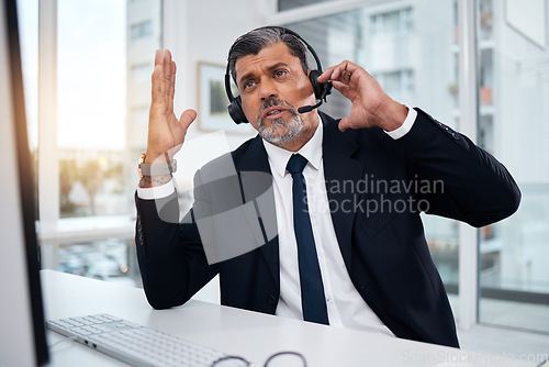 Image of Talking, call center and mature man in customer service for communication or support. Conversation, contact and sales manager, telemarketing professional and crm consultant in discussion at help desk