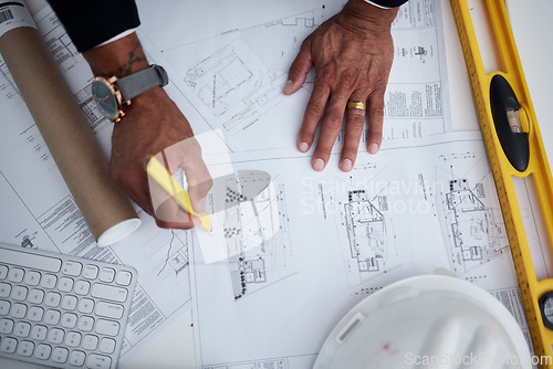 Image of Top view of man, hands or engineering with blueprint, construction process or design illustration. Closeup of architect drawing documents, floor plan development or stationery tools to sketch project