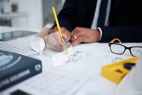 Image of Hands, architecture and pencil for drawing blueprint, project illustration or engineering process. Closeup, designer and man planning documents, floor plan and papers to sketch scale of renovation