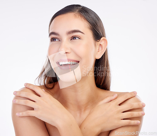 Image of Beauty, happy studio face and woman shine with anti aging skincare, facial cosmetics glow and self love, spa care or wellness. Natural makeup, dermatology and relax person smile on white background