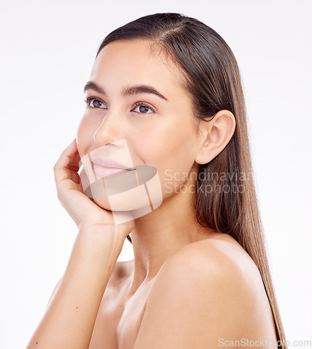 Image of Beauty, thinking studio face and woman dream of anti aging skincare, aesthetic facial cosmetics or natural makeup. Self care inspiration, dermatology ideas and spa person relax on white background