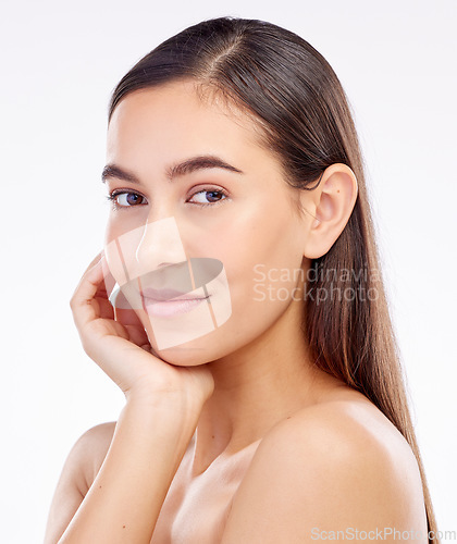 Image of Beauty, studio portrait and cosmetics woman shine with anti aging skincare, aesthetic facial glow and self care treatment. Natural makeup, cosmetology and face of female model on white background