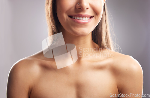 Image of Beauty, happy studio and topless woman with anti aging skincare, cosmetics glow and body care wellness. Natural dermatology makeup, clean dental teeth whitening and person smile on white background