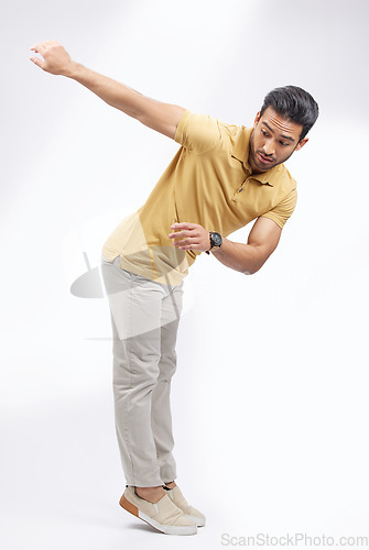 Image of Dancer, man and routine with training, creative and movement on a white studio background. Male person, artist and model with practice for performance, dancing and energy with expression and fitness