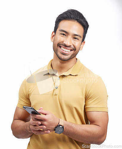 Image of Portrait, smile and Asian man with a smartphone, connection and social media against a white studio background. Person, network and model with a cellphone, mobile app and communication with email