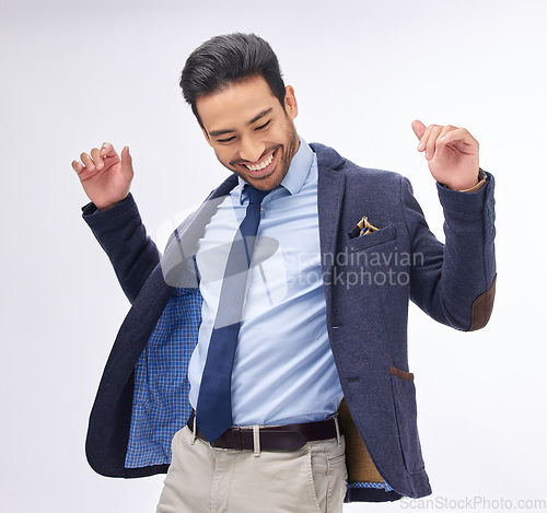 Image of Business man, dancing and smile in studio with success, celebration and thinking with fashion by white background. Entrepreneur, dancer and happy for goals, winning and vintage suit for motivation